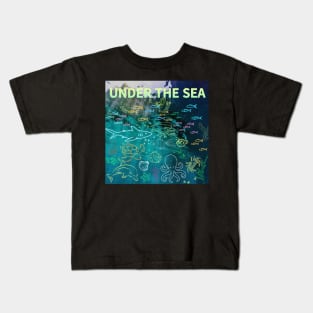 under the sea,blue sea,sea creatures,Turtle, puffer fish, starfish, shrimp, shark, tropical fish, sea horse, seaweed, sardines, squid, crabs, clams Kids T-Shirt